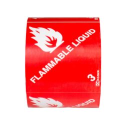 מדבקות אזהרה FLAMMABLE LIQUID, אדומות - 100X100 מ״מ - גליל 500 מדבקות