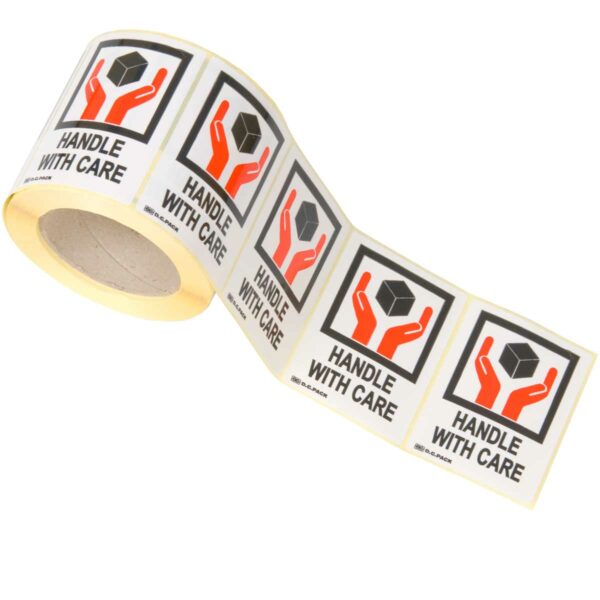 ⁦מדבקות HANDLE WITH CARE - גליל 500 מדבקות - 75X100 מ״מ⁩ – תמונה ⁦2⁩